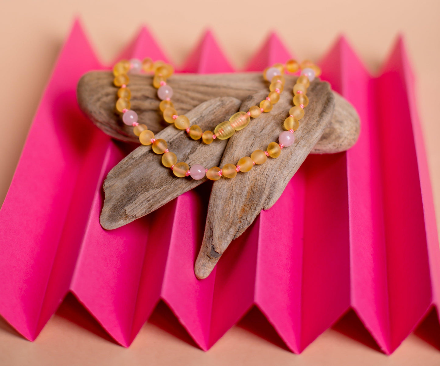 Amber Necklace. Raw - Honey - Amber - With - Rose - Quartz.