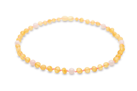 Amber Necklace. Raw - Honey - Amber - With - Rose - Quartz.