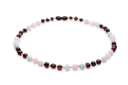 Polished Cherry with Rose Quartz - Sky Blue - Baltic Mystery | Amber Jewelry